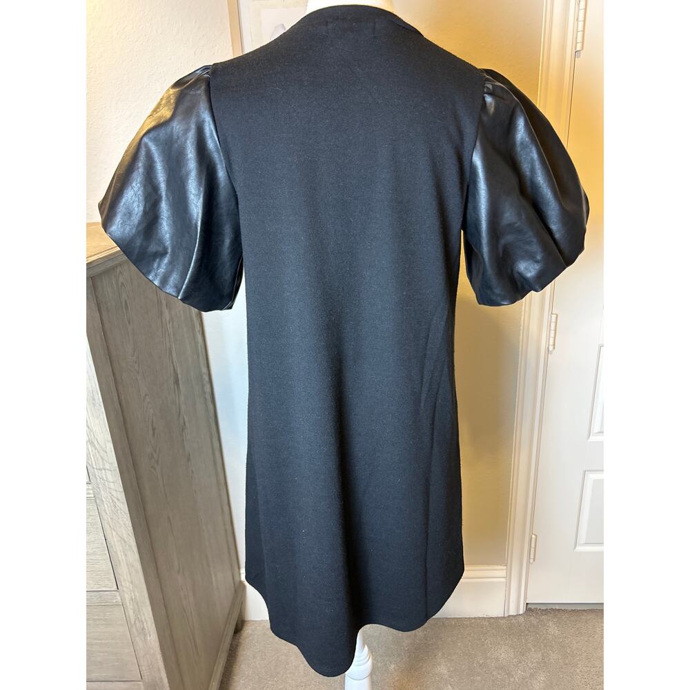 THML | Black Faux Leather Puff Sleeve Shirt Dress | Small - Picture 7 of 10